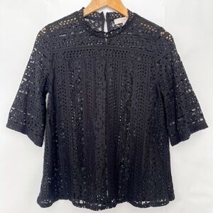 Loft All Over Lace Blouse Mock Neck Keyhole Dainty Feminine Size Medium Black
